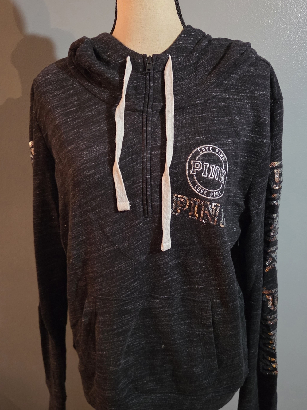 NWT PINK Victoria’s Secret Charcoal Sequin Logo Quarter-Zip Hoodie L